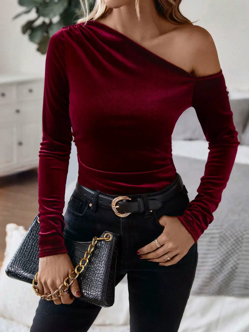 ZARA Spring Summer Sexy One Shoulder Velvet Long Sleeve Solid Bodycon Party Top